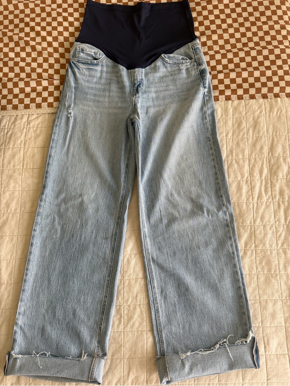 Pinkblush Light Blue Boyfriend Maternity Jeans with Navy Waistband